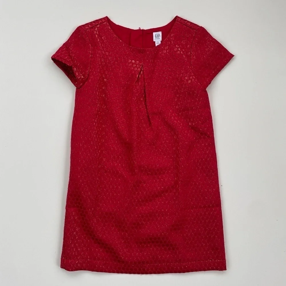 GAP Kids Red Gold Metallic Pleated Dress in Jacquard Polka Dots Size Medium